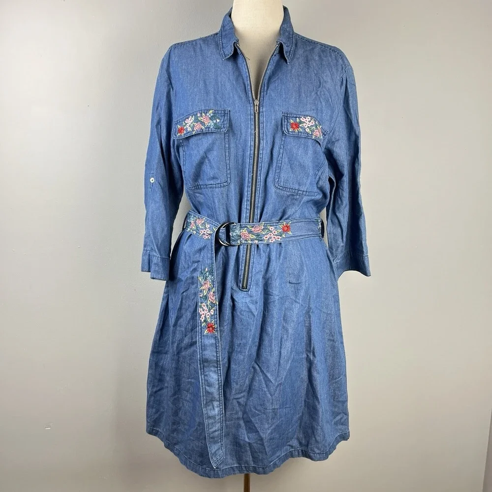 Given Kale Boho Embroidered Dress Womens XL Blue Chambray Floral‎ Belted